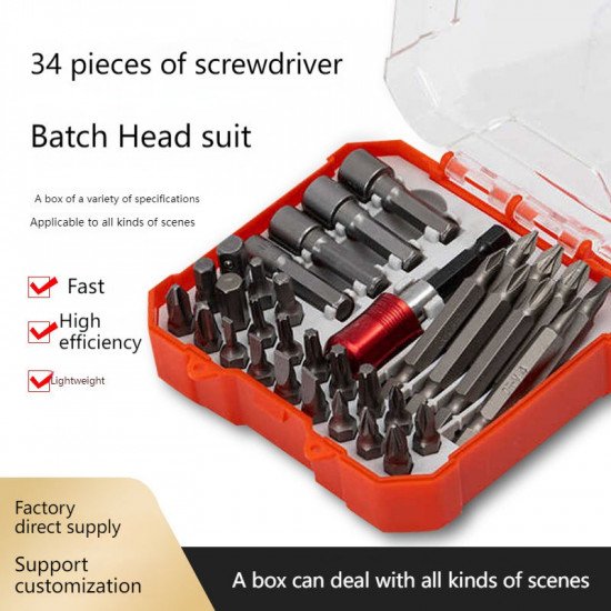 Manufacturer Customized 34-Piece Steel Cross Hexagonal Screwdriver Bit Set DIY Grade Tool Bit with Handle Sleeve
